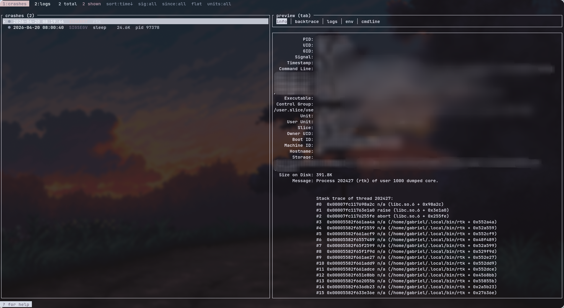 crashout TUI screenshot